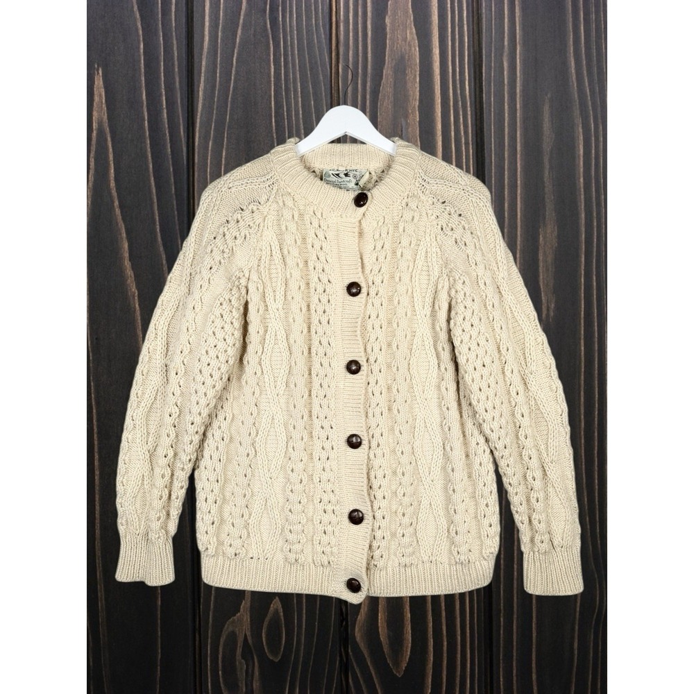 VTG Donegal Handcraft Knit Fisherman Cable Knit Cardigan Sweater - 38 Women's L